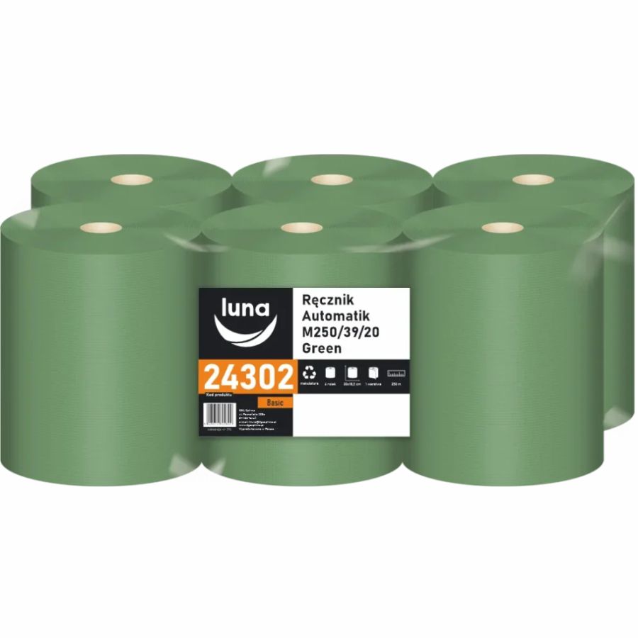 Ręcznik papierowy Luna Automatik M250/39/20 1-warstwowy zielony makulatura 6 rolek