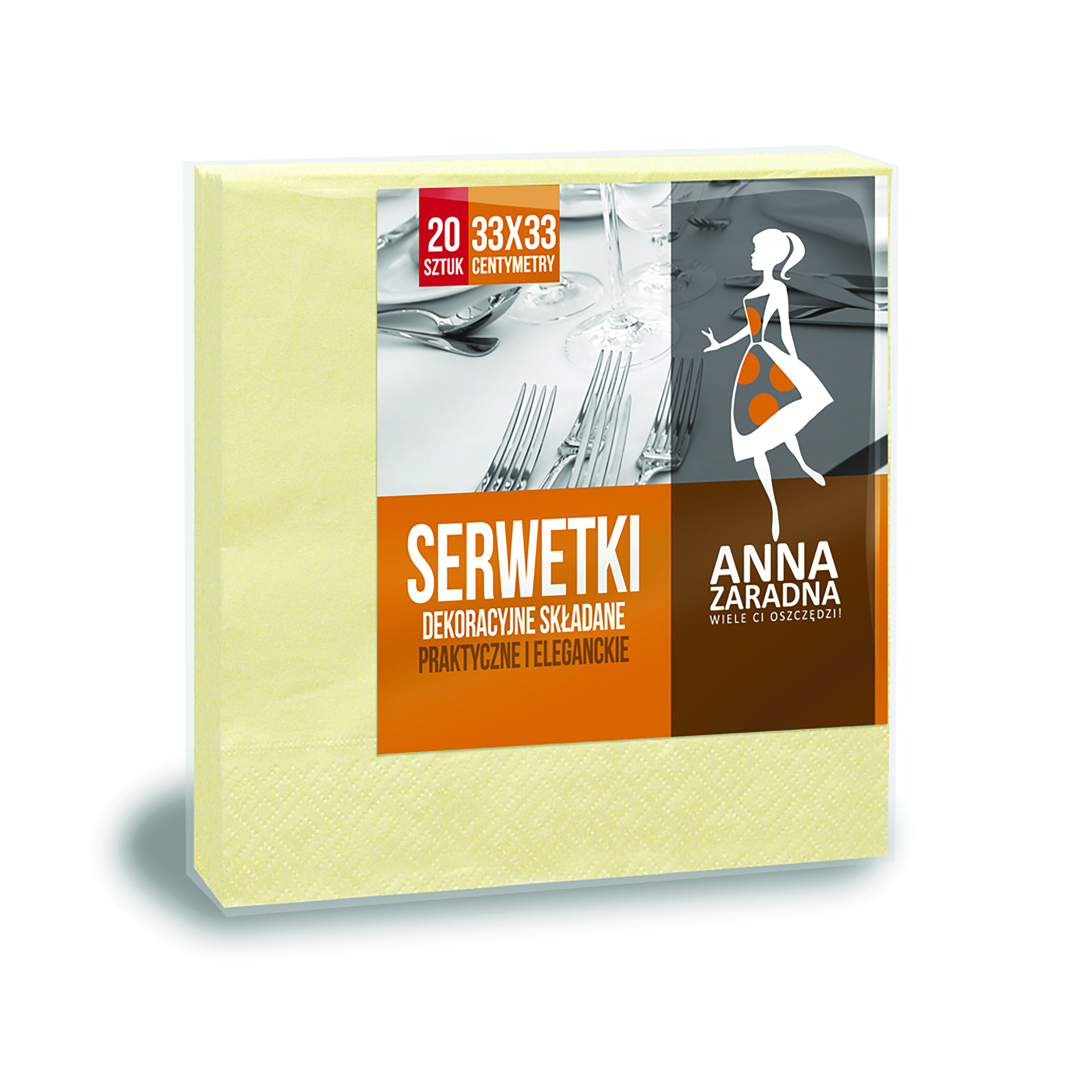 Serwetki Anna Zaradna, trójwarstwowe, składane, 33x33cm, 20 szt., żółte pastelowe, żółty pastel