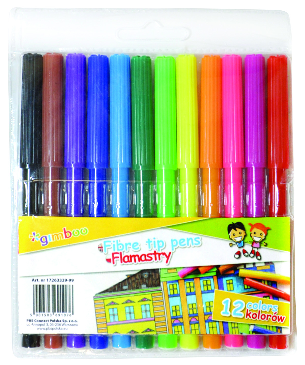 Flamastry Gimboo, zestaw 12 sztuk na zawieszce, mix kolorów | eazbiuro.pl | Wybierz hit!