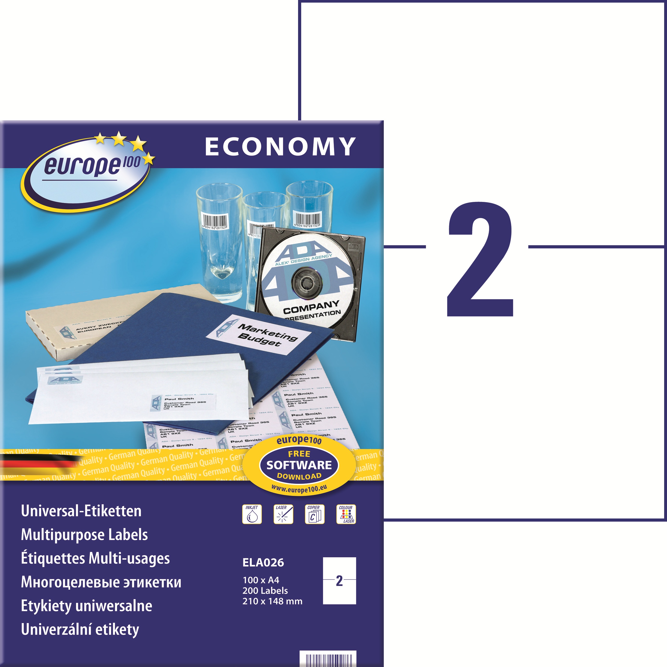 Etykiety A4 210x148 mm mm uniwersalne economy europe100 by Avery Zweckform; A4, 100 ark.