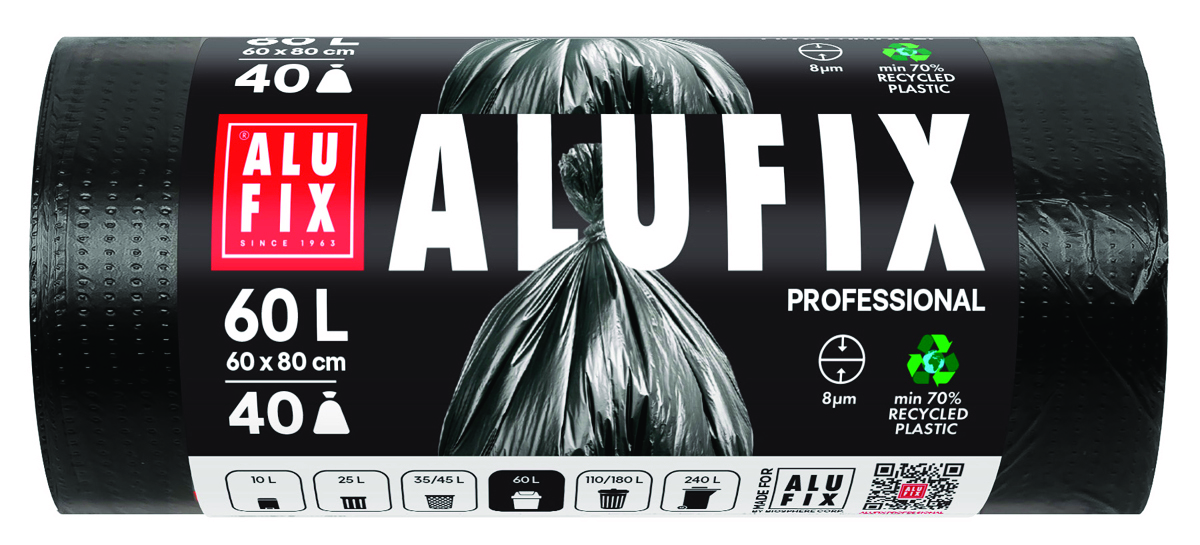 Worki na śmieci ALUFIX Professional, HDPE, 60x80cm, 8 µm, 60l, 40 szt., czarne