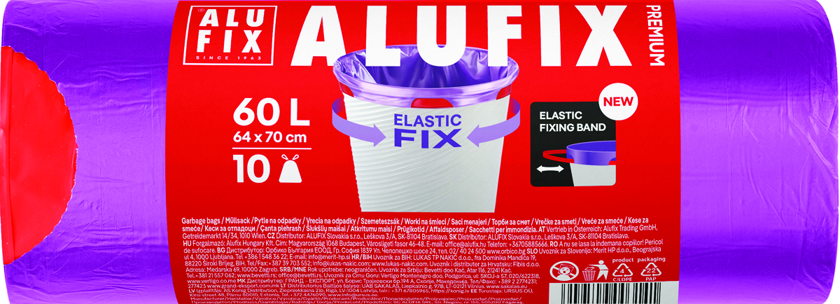 Worki na śmieci ALUFIX Elastic Fix, LDPE, 64x70cm, 60l, 10 szt., fioletowe