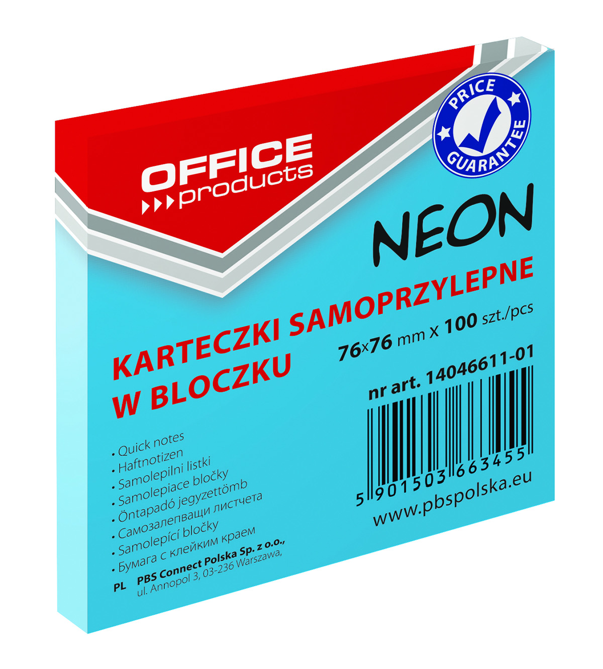 Notatnik samoprzylepny 76x76 neon nieb. 100k