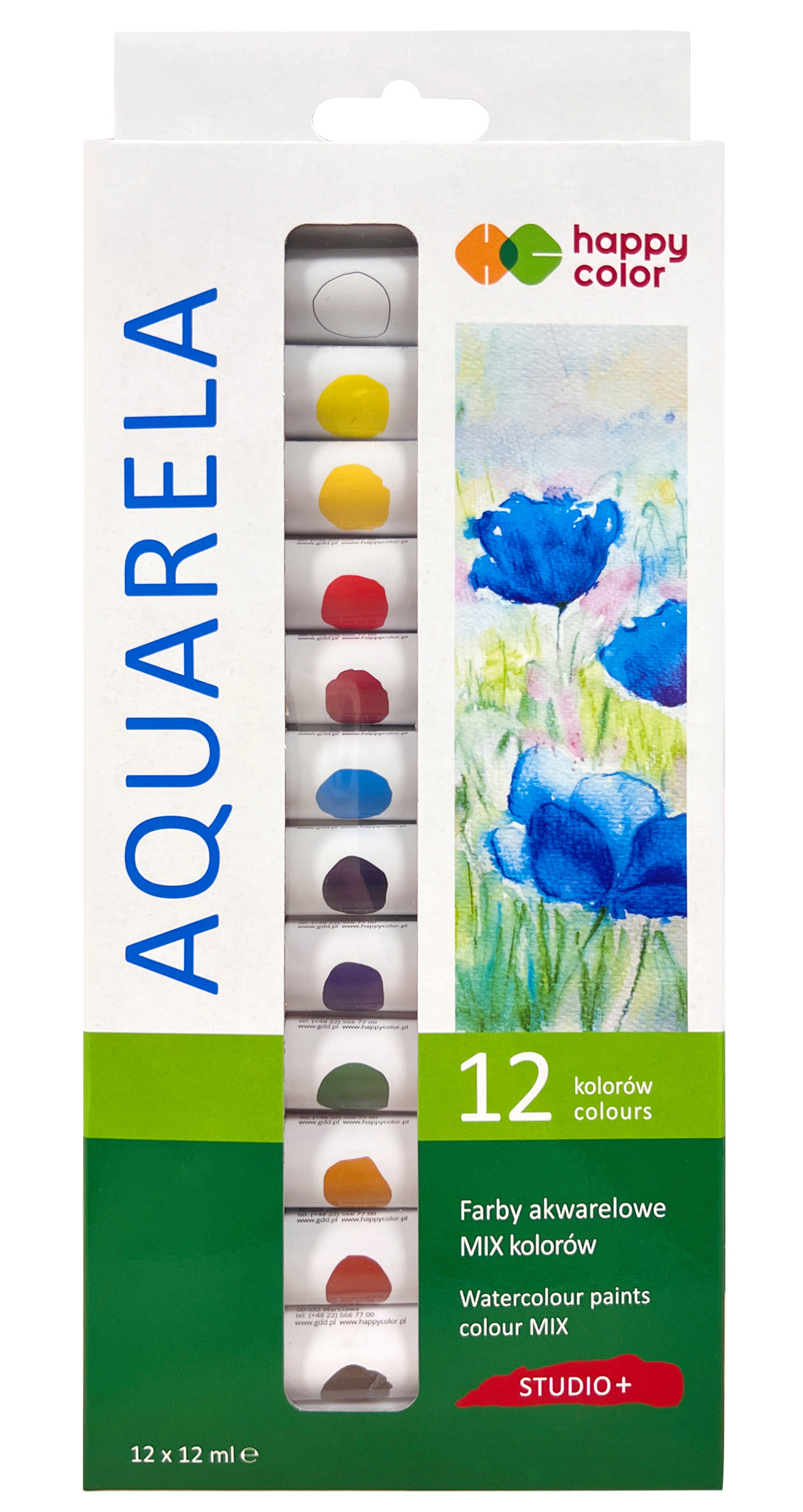 Farba akwarelowa studio, zestaw 12 kolorów x 12 ml, Happy Color