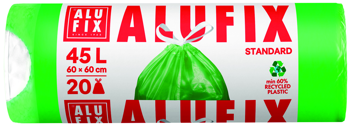 Worki na śmieci ALUFIX, ze ściągaczem, HDPE, 60x60cm, 45l, 20 szt., zielone Worki na śmieci ALUFIX, ze ściągaczem, HDPE, 60x60cm, 45l, 20 szt., zielone