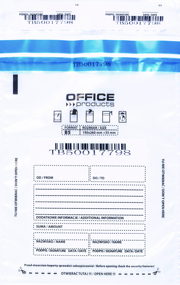 Koperta bezpieczna Office Products, B5, 190x260mm, 50szt., transparentna Koperta bezpieczna Office Products, B5, 190x260mm, 50szt., transparentna
