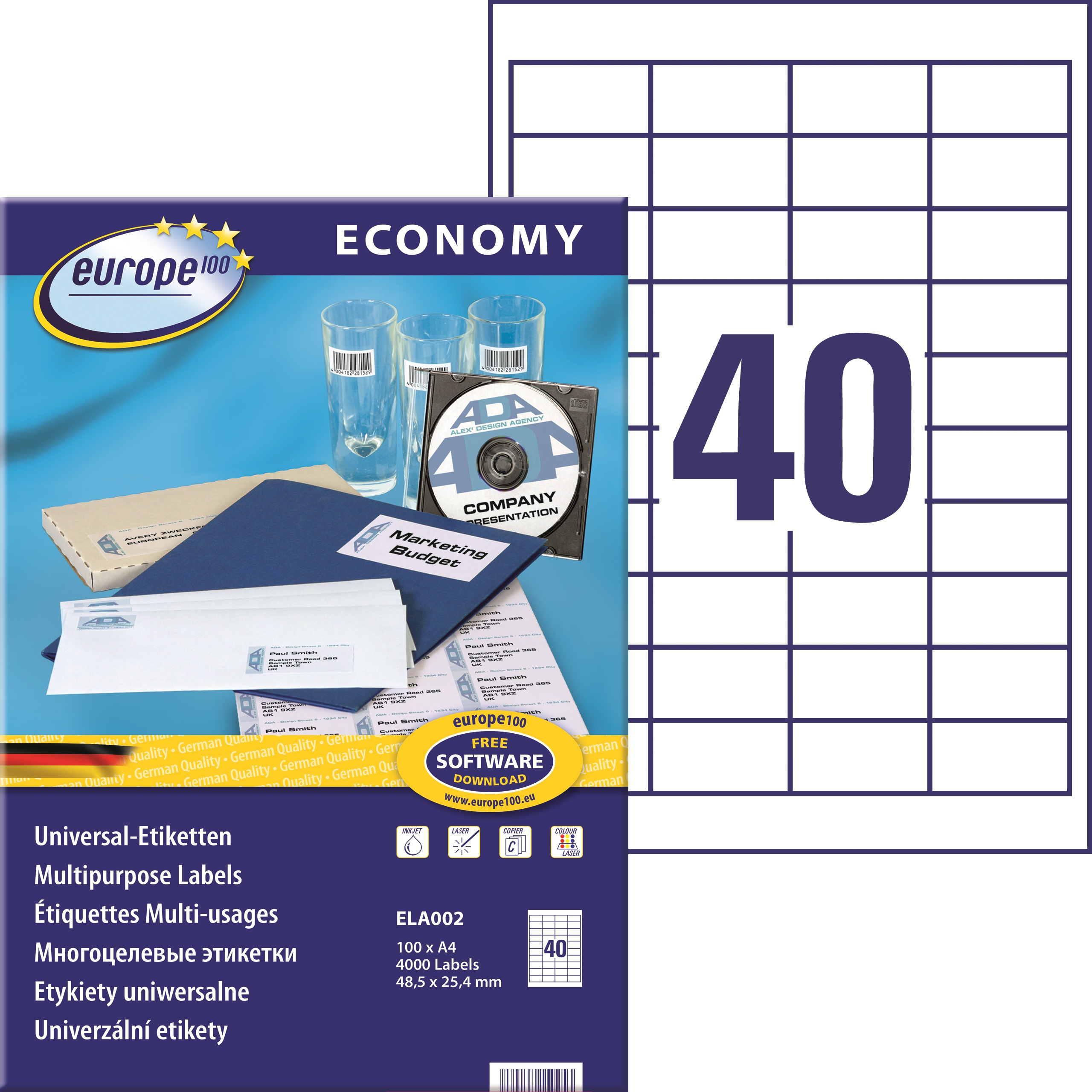 Etykiety A4 48,5x25,4 mm mm uniwersalne economy europe100 by Avery Zweckform; A4, 100 ark.