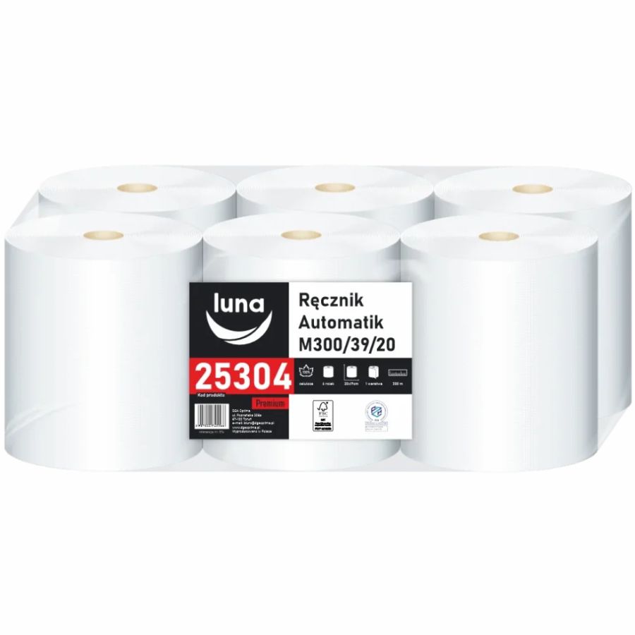 Ręcznik papierowy Luna Automatik M300/39/20 1-warstwowy biały 6 rolek