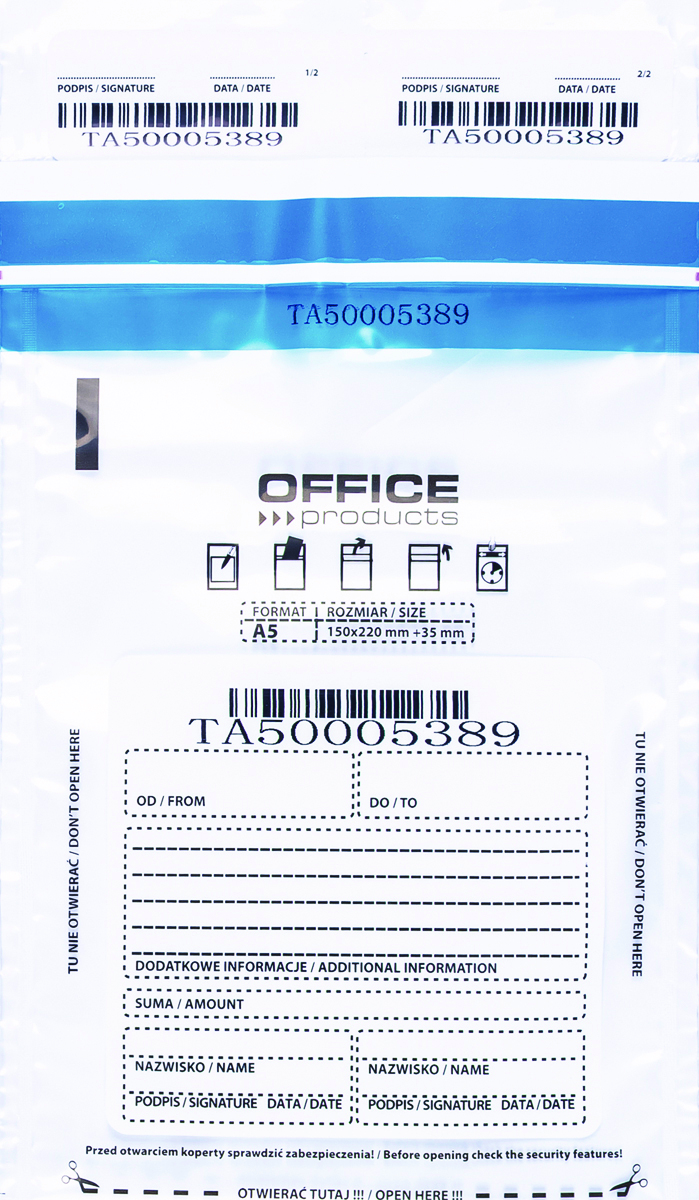 Koperta bezpieczna OFFICE PRODUCTS, M5, 150x220mm, 50szt., transparentna Koperta bezpieczna OFFICE PRODUCTS, M5, 150x220mm, 50szt., transparentna