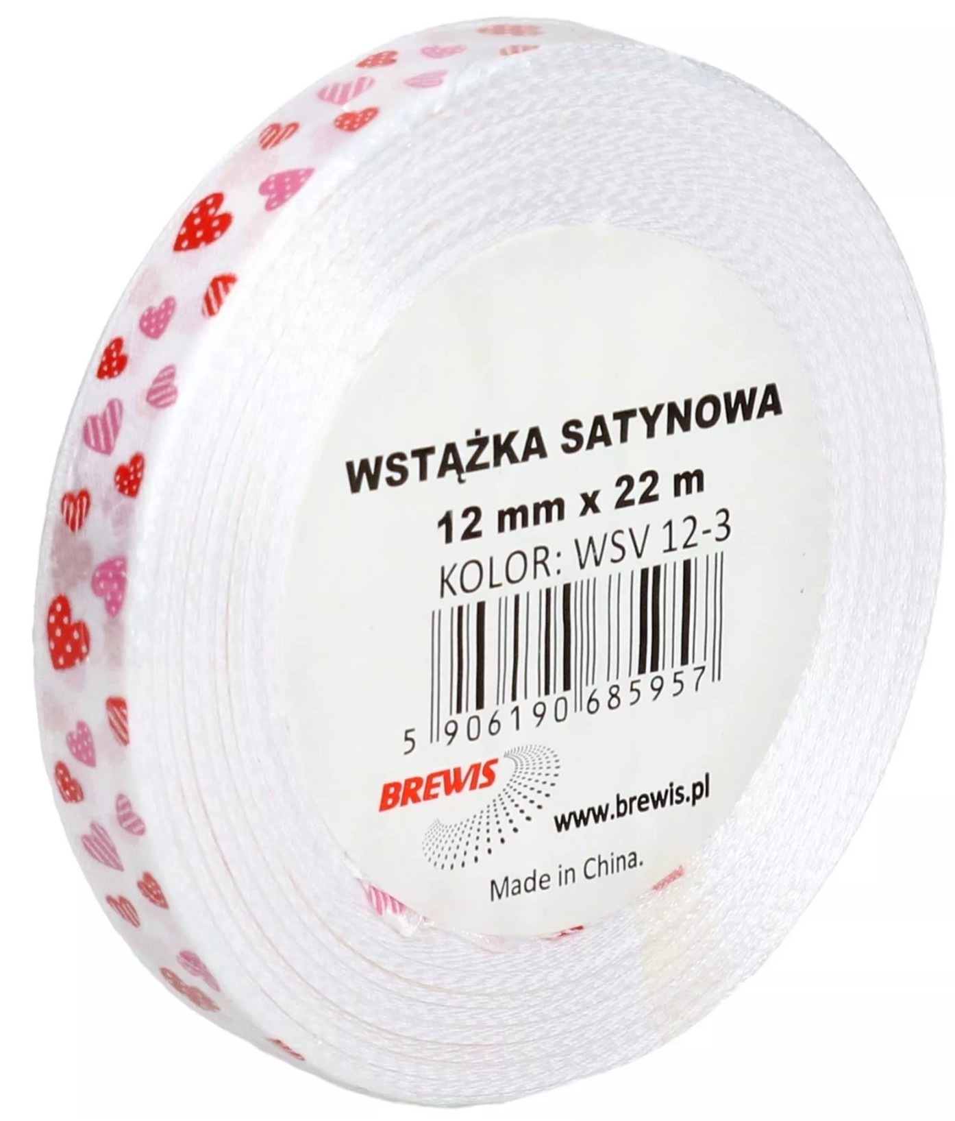 Wstążka satynowa 12mmx22 m biała w serca | eazbiuro.pl | Kup bez wahania!