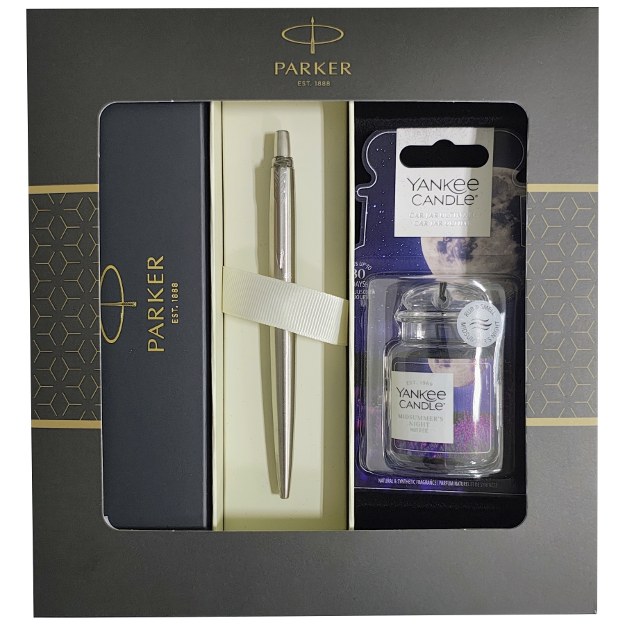 Zestaw prezentowy Parker długopis metalowy Jotter Stainless Steel CT + zapach do samochodu Yankee Candle Midsummer's Night