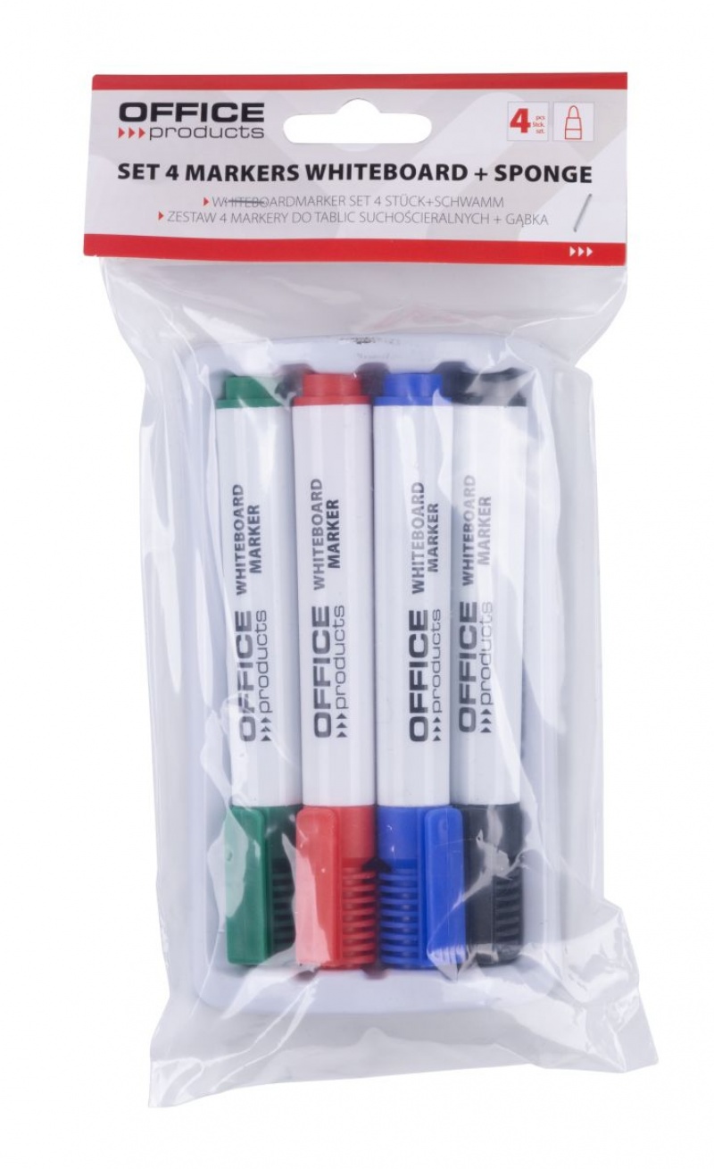 Zestaw 4 markerów z gąbką magnetyczną OFFICE PRODUCTS, do tablic suchościeralnych, mix kolorów Zestaw 4 markerów z gąbką magnetyczną OFFICE PRODUCTS, do tablic suchościeralnych, mix kolorów