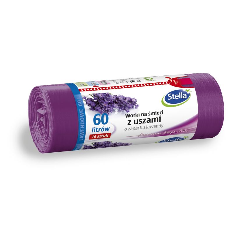 Worki na śmieci z uszami Stella, zapach lawendy, 60 l, zestaw 16 sztuk. | eazbiuro.pl | Zamów taniej!
