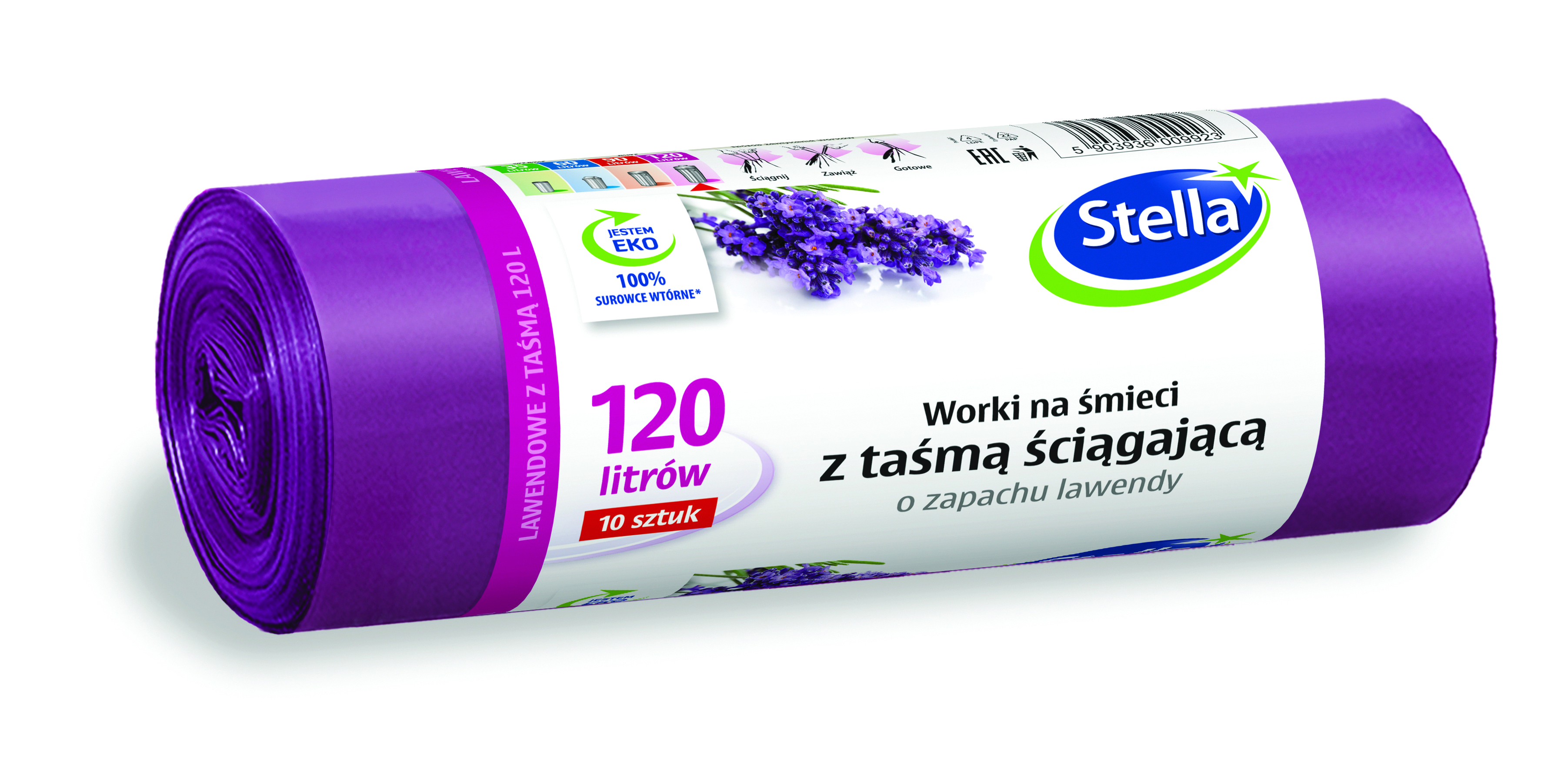 Worki na śmieci Stella, z taśmą ściągającą, zapach lawendy, 120l, 10 sztuk
