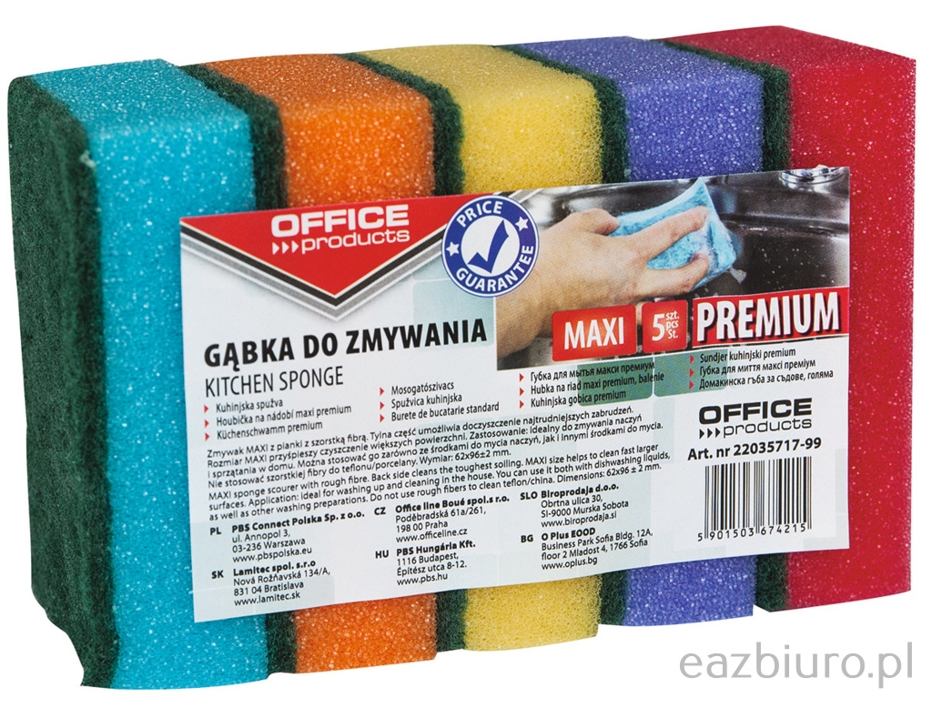 Gąbka do zmywania Office Products maxi premium, 5 sztuk, mix kolorów
