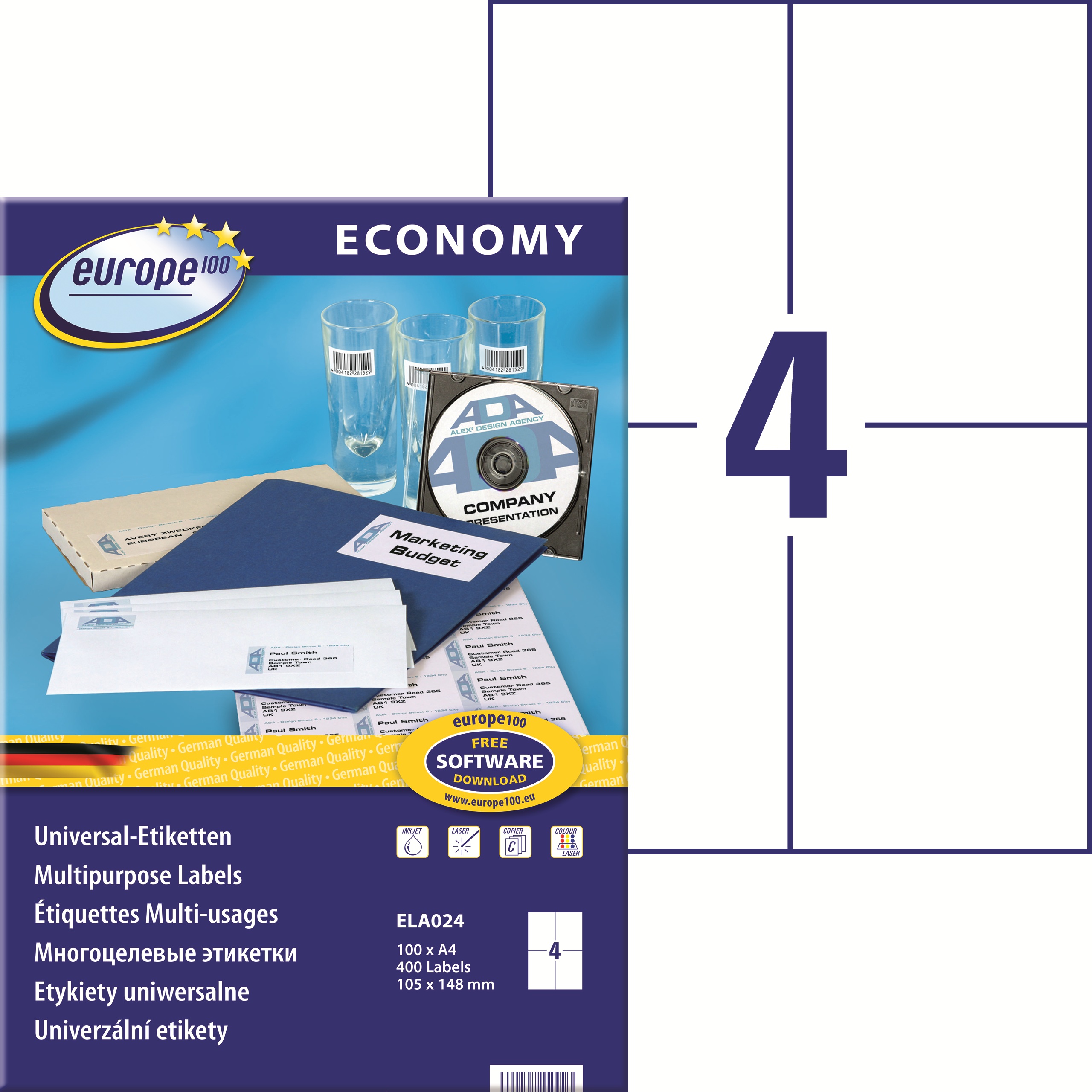 Etykiety A4 105x148 mm mm uniwersalne economy europe100 by Avery Zweckform; A4, 100 ark. Etykiety A4 105x148 mm mm uniwersalne economy europe100 by Avery Zweckform; A4, 100 ark.