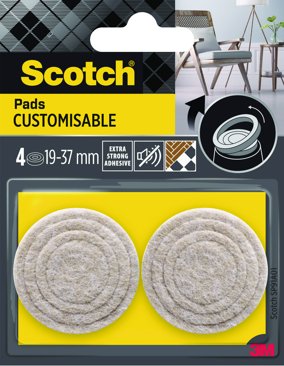 Regulowane podkładki filcowe SCOTCH, samoprzylepne, okrągłe, 19-37mm, 4 szt., beżowe