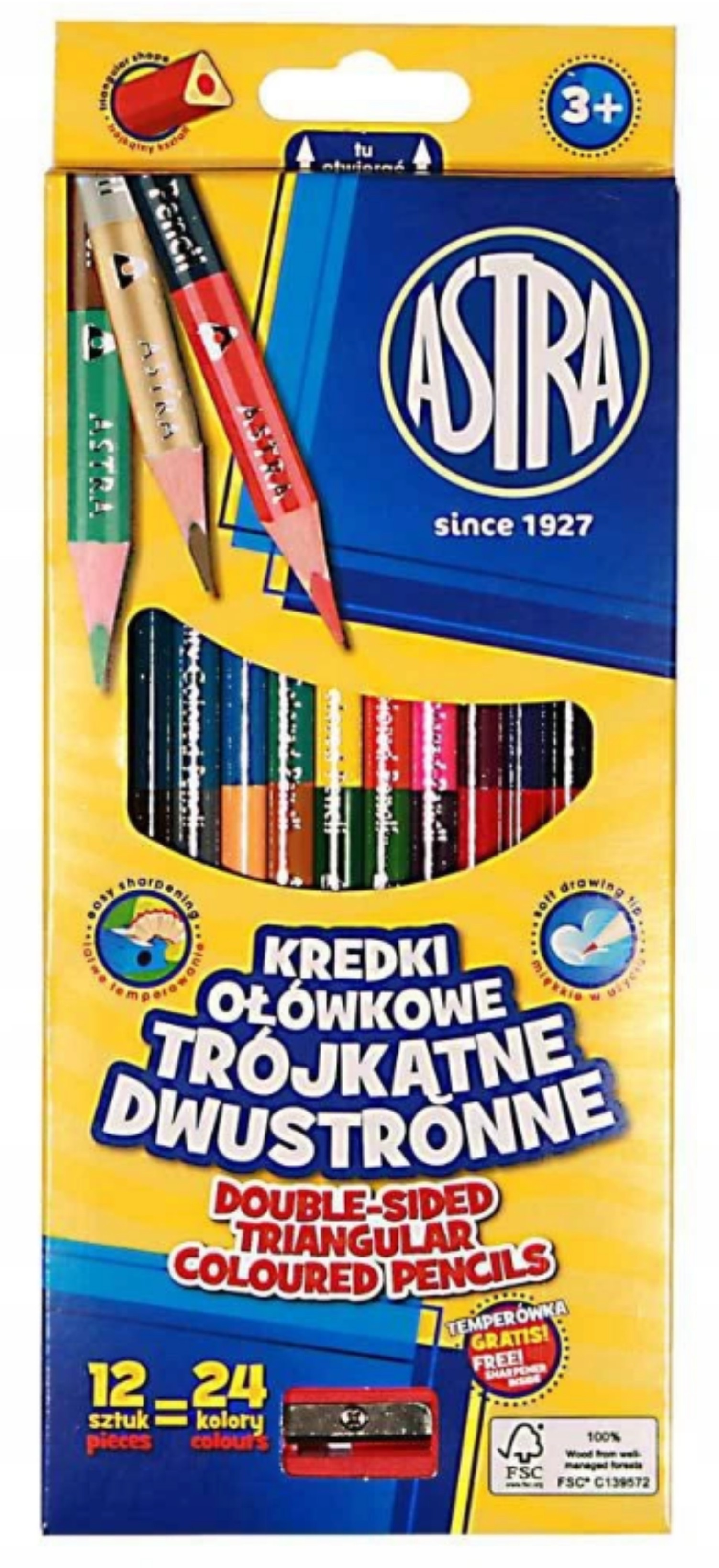 Kredki 12 sztuk=24 kolory Astra dwustronne