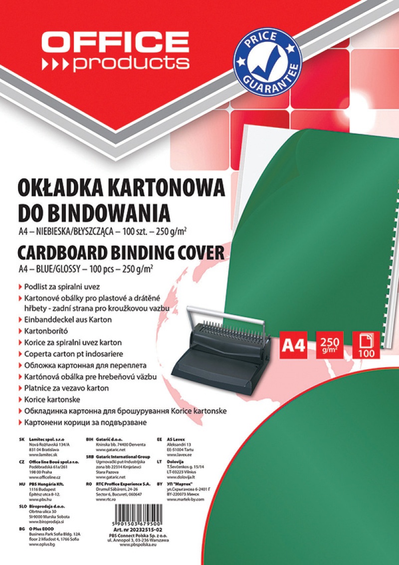 Okładki do bindowania Office Products, karton, A4, 250gsm, błyszczące, 100 sztuk, zielone Okładki do bindowania Office Products, karton, A4, 250gsm, błyszczące, 100 sztuk, zielone