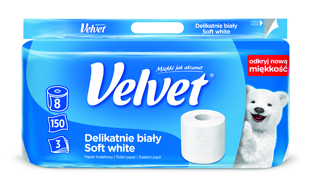 Papier toaletowy celulozowy Velvet delikatnie biały 3-warstwowy 8 rolek