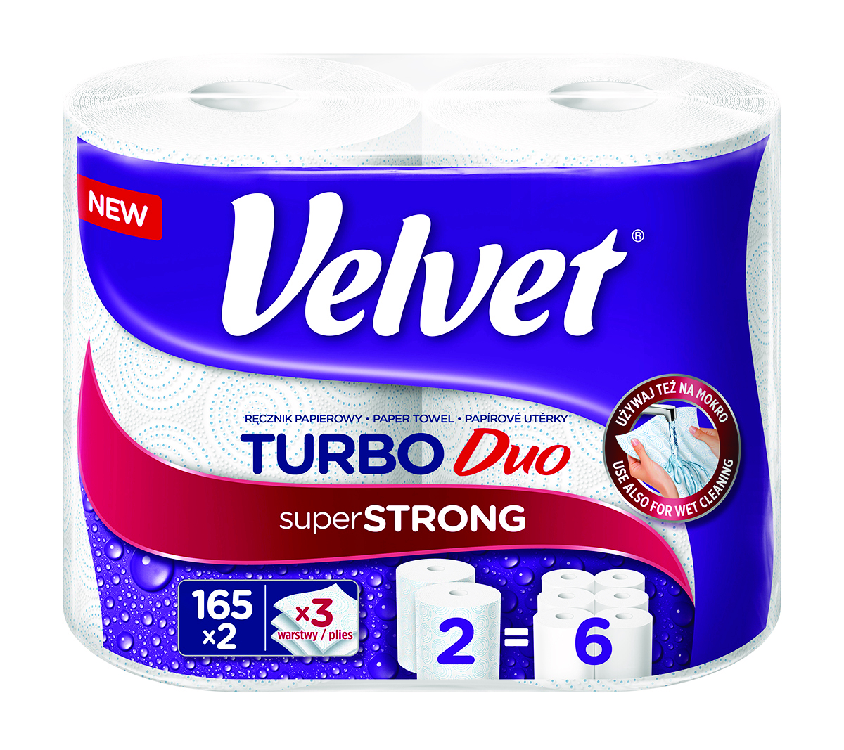 Ręcznik w roli celulozowy VELVET Turbo Duo, 3-warstwowy, 2 rolki po 165 listków, biały