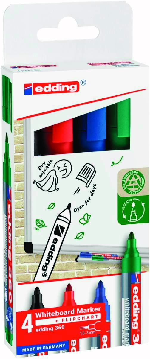 Marker do tablic suchościeralnych e-360 EDDING, 1,5-3 mm, 4 szt., mix kolorów Marker do tablic suchościeralnych e-360 EDDING, 1,5-3 mm, 4 szt., mix kolorów