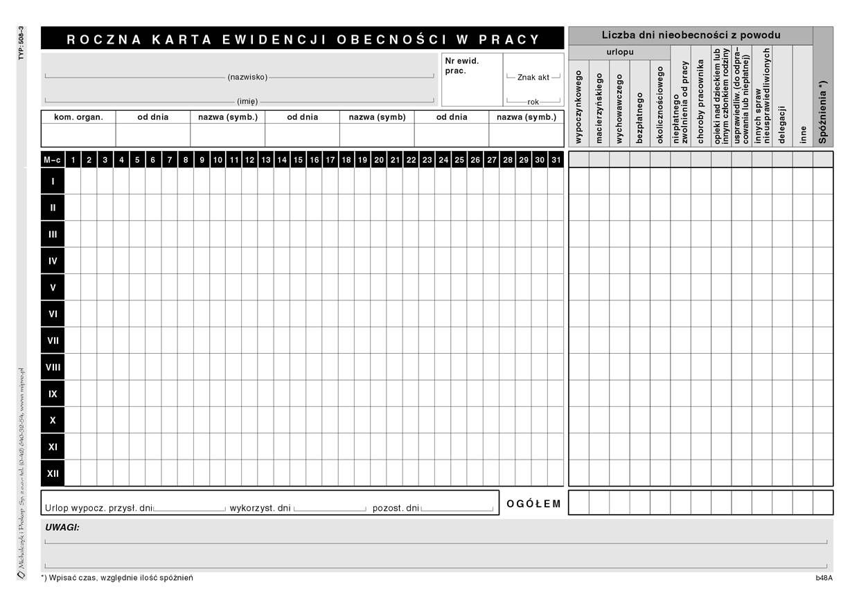 Druk roczna karta ewidencji obecności w pracy M&P | eazbiuro.pl | Zamów wygodnie!