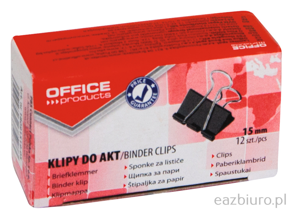Klipy do dokumentów Office Products, 15mm, 12 sztuk, czarne Klipy do dokumentów Office Products, 15mm, 12 sztuk, czarne