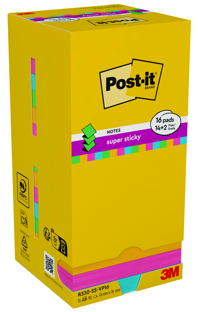 Bloczek samoprzylepny Post-it® super sticky z-notes (r330-ss-vp16), 76x76mm, 16x90 kartek, mix kolorów, 2 bloczki gratis