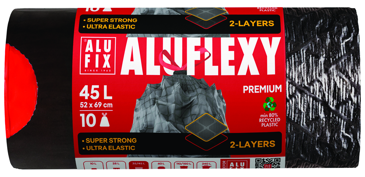 Worki na śmieci ALUFIX Aluflexy, z taśmą, LDPE, 45l, 10 szt., stalowe Worki na śmieci ALUFIX Aluflexy, z taśmą, LDPE, 45l, 10 szt., stalowe