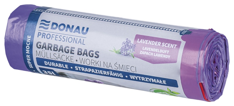 Worki na śmieci DONAU PROFESSIONAL, wytrzymałe, super mocne, z taśmą, 35l, 15 szt., zapach lawendy, fioletowe