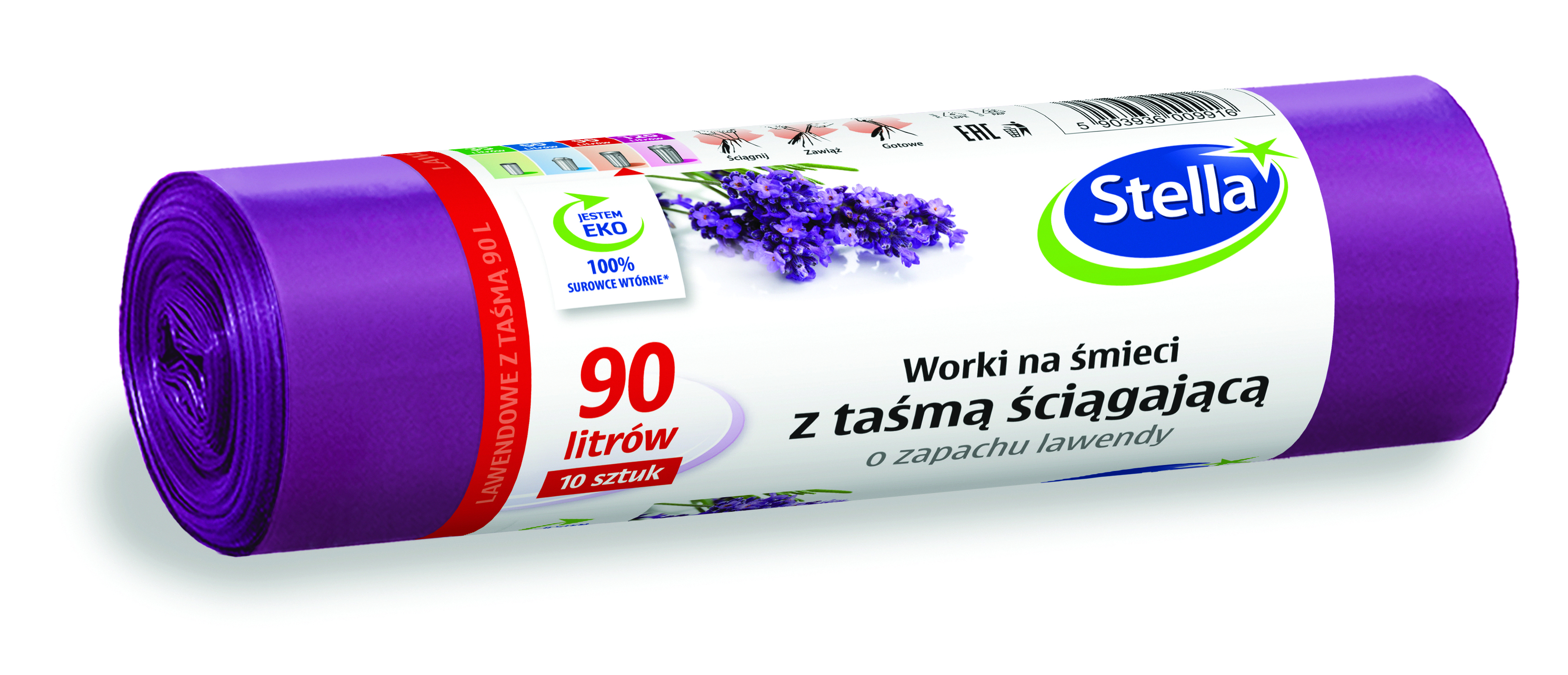 Worki na śmieci Stella, z taśmą ściągającą, zapach lawendy, 90 l, zestaw 10 sztuk., | eazbiuro.pl | Wybierz i kup!