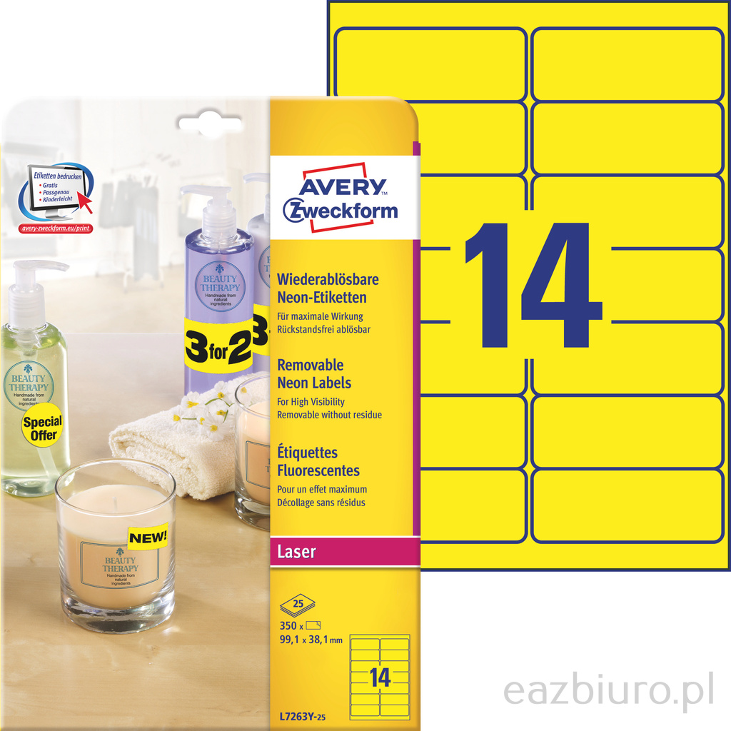 Usuwalne etykiety neonowe Avery Zweckform, A4, 25 ark. op., 99,1 x 38,1 mm, żółte neonowe | eazbiuro.pl | Zamów już dziś!