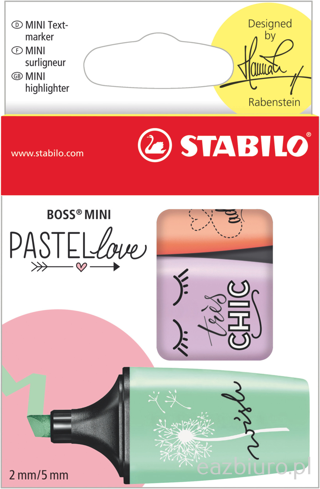 Zakreślacze Stabilo boss mini pastellove 3 sztuki etui mix kolorów (mięta, lila, brzoskwinia) z zawieszką