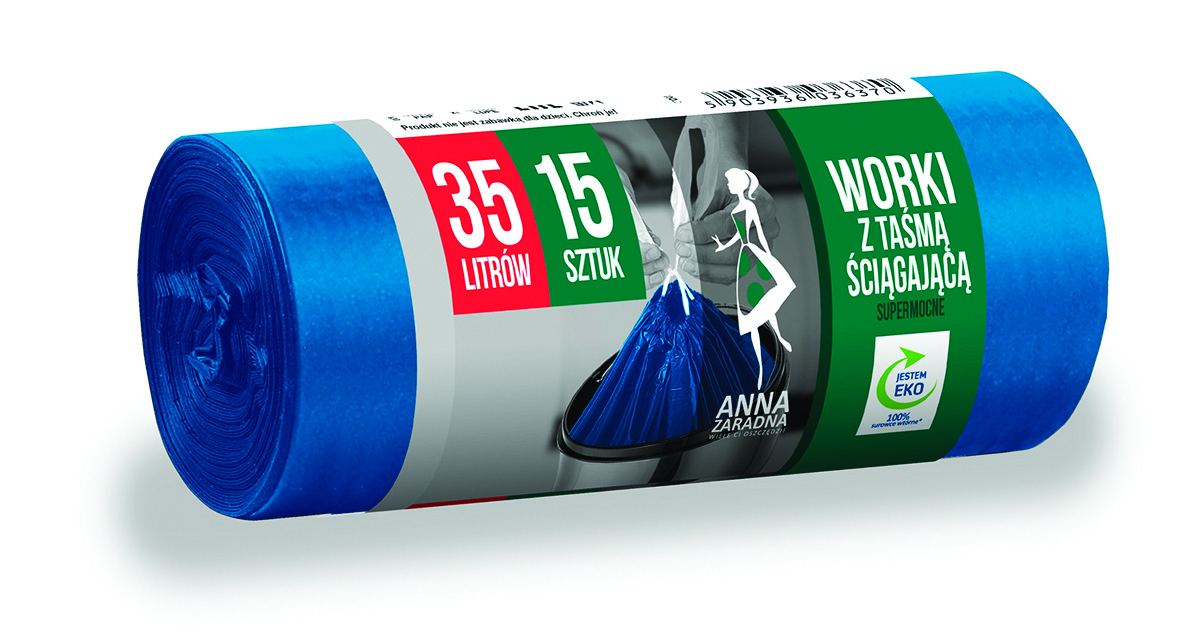 Worki na śmieci Anna Zaradna, z taśmą ściągającą, supermocne, 35 l, 15 szt., niebieskie