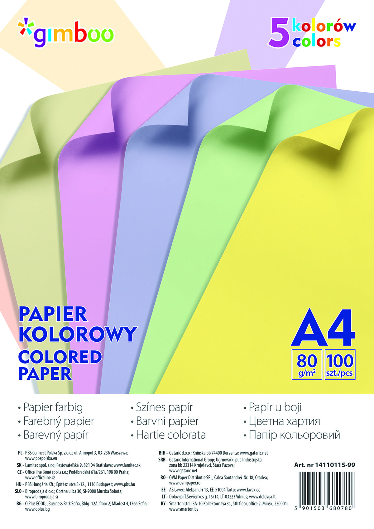 Papier kolorowy Gimboo, A4, 100 arkuszy, 80gsm, 5 kolorów pastelowych Papier kolorowy Gimboo, A4, 100 arkuszy, 80gsm, 5 kolorów pastelowych