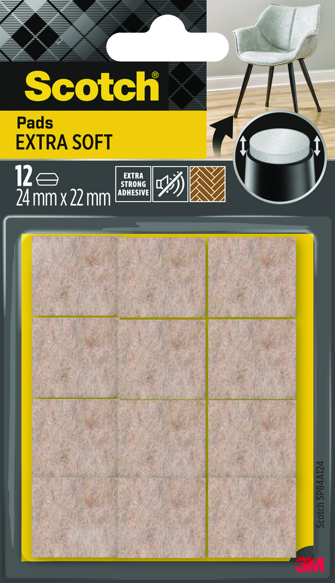 Miękkie podkładki z wełny SCOTCH, samoprzylepne, kwadrat, 24x22mm, 12 szt., beżowe