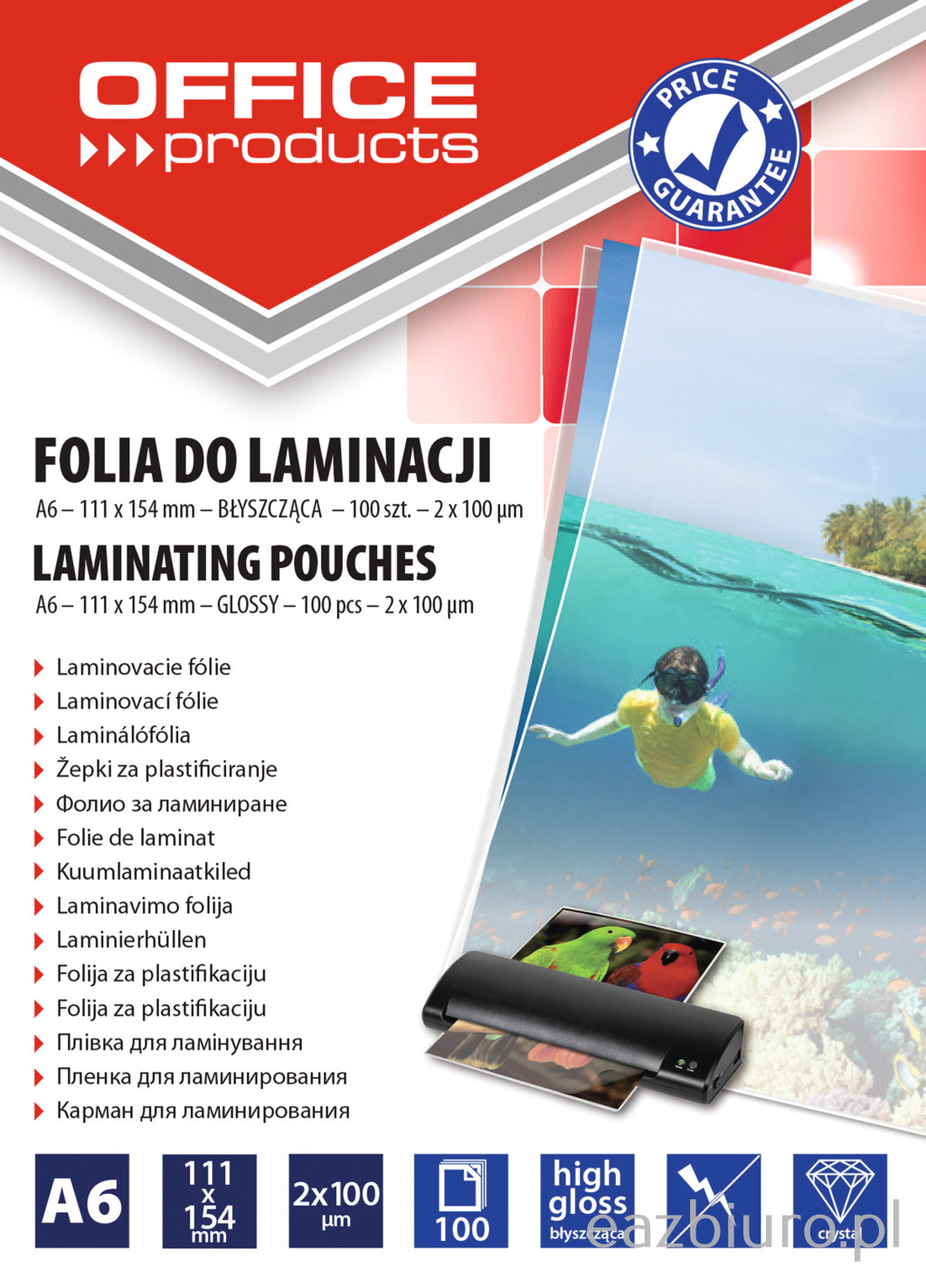 Folia do laminowania Office Products, A6, 2x100 mic, błyszcząca, 100 sztuk, transparentna Folia do laminowania Office Products, A6, 2x100 mic, błyszcząca, 100 sztuk, transparentna