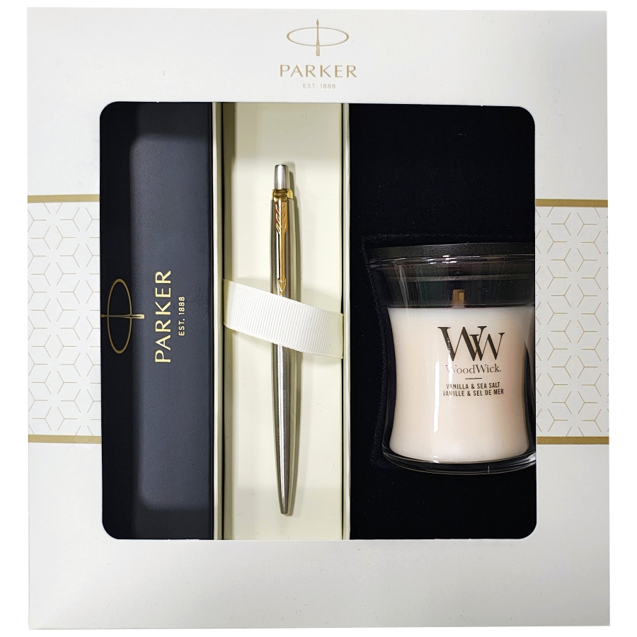 Zestaw prezentowy Parker długopis metalowy Jotter Stainless Steel GT + Świeca Woodwick Vanilla & Salt