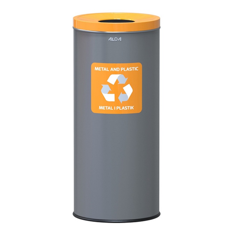 Kosz na śmieci alda eko, 45l, do segregacji: metal i Plastik, stal powlekana organicznie, żółta pokrywka, szary Kosz na śmieci alda eko, 45l, do segregacji: metal i Plastik, stal powlekana organicznie, żółta pokrywka, szary