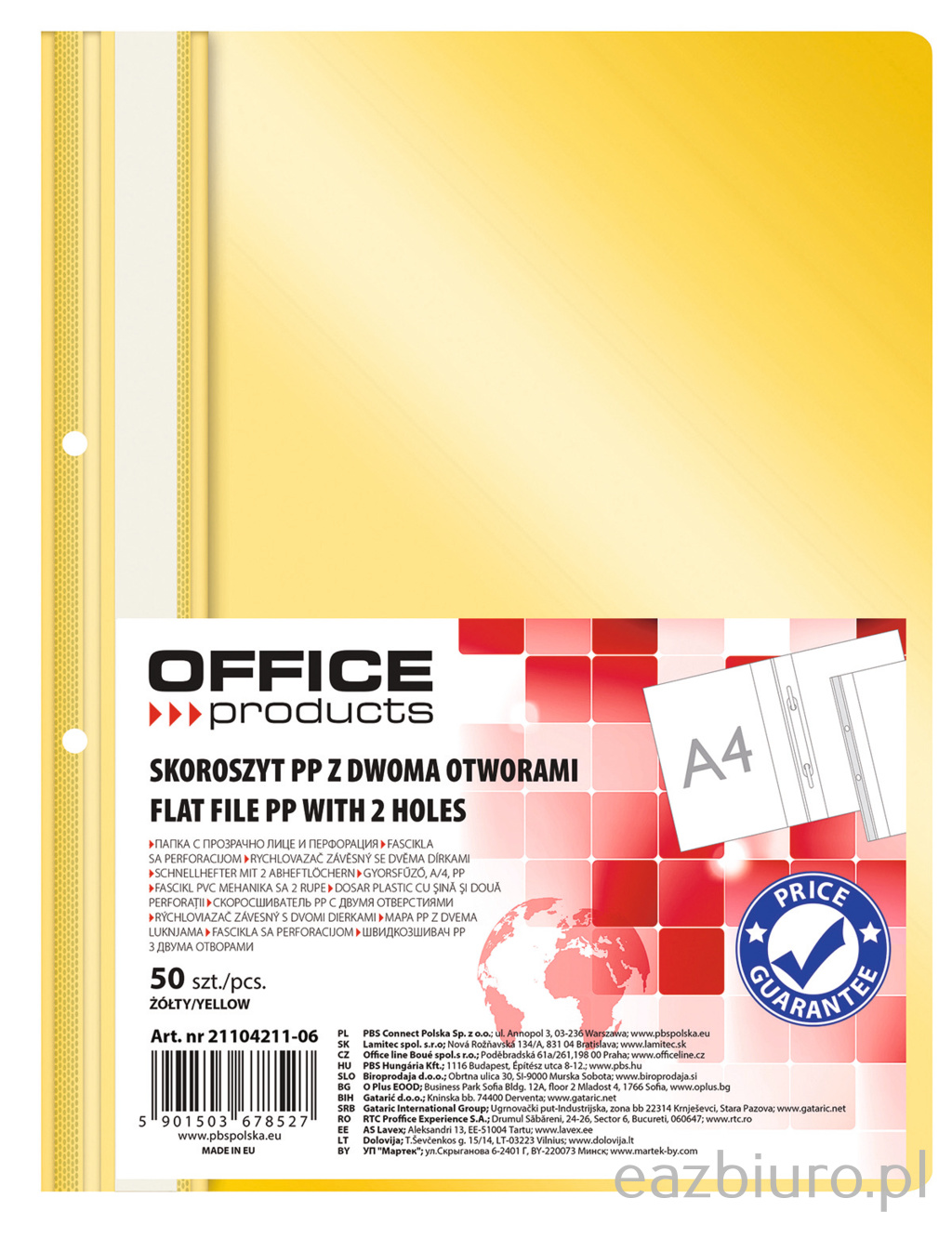 Skoroszyt Office Products, pp, A4, 2 otwory, 100 170mikr., wpinany, żółty | eazbiuro.pl | Wybierz najlepsze!