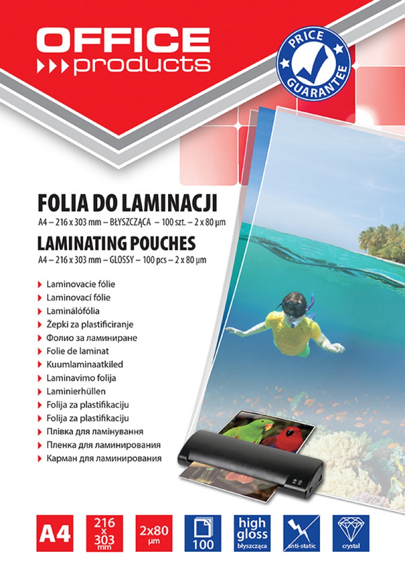 Folia do laminowania Office Products, A4, 2x80mikr., błyszcząca, 100szt., transparentna
