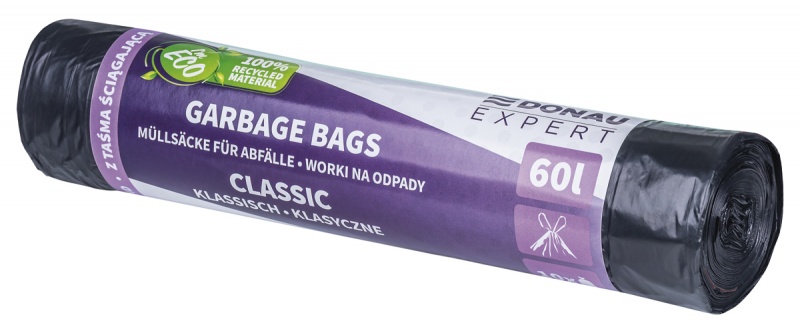 Worki na odpady DONAU EXPERT, klasyczne, LDPE, z taśmą, 60l, 10 szt., czarne Worki na odpady DONAU EXPERT, klasyczne, LDPE, z taśmą, 60l, 10 szt., czarne