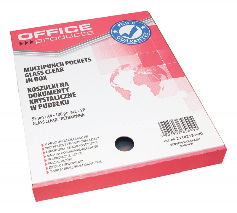 Koszulki na dokumenty Office Products, pp, A4, krystal, 55mikr., 100szt., w pudełku