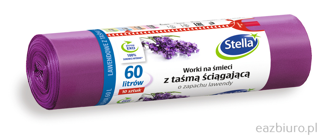 Worki na śmieci Stella, z taśmą ściągającą, zapach lawendy, 60 l, zestaw 10 sztuk | eazbiuro.pl | Kup z rabatem!