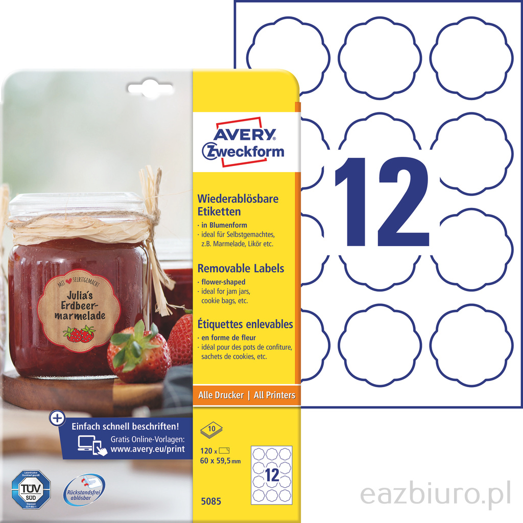 Usuwalne etykiety na przetwory Avery Zweckform, A4, 10 ark. op., 60 x 59,5 mm, kształt | eazbiuro.pl | Kup sprytnie!
