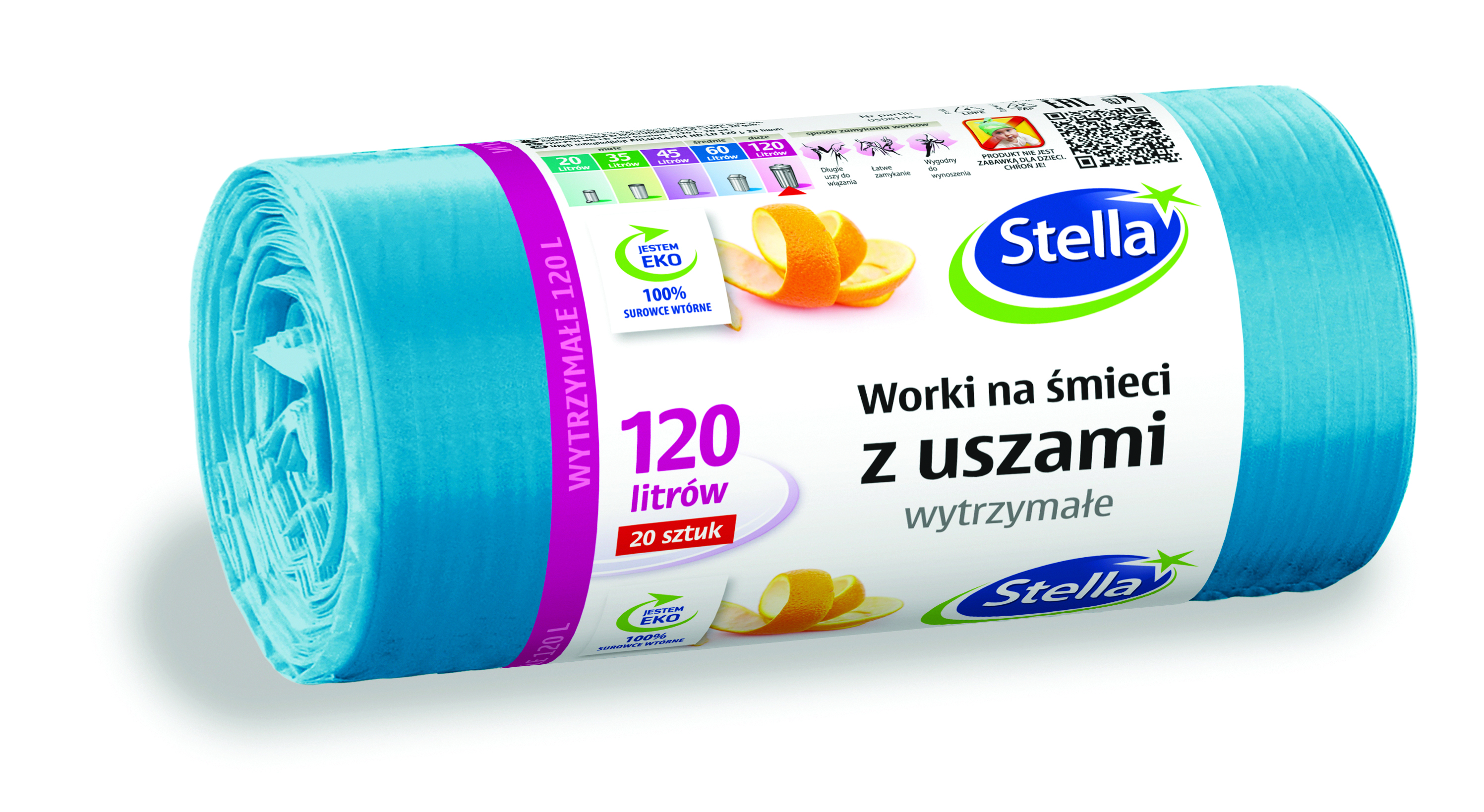 Worki na śmieci Stella, z uszami, 120 l, 20 szt., niebieskie, niebieski