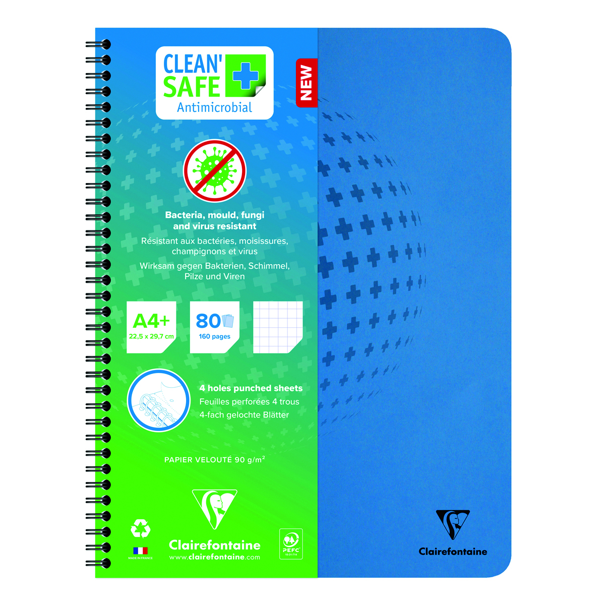 Kołozeszyt CLAIREFONTAINE, Clean Safe, antybakteryjny, A4+, 60 kart., kratka, niebieski Kołozeszyt CLAIREFONTAINE, Clean Safe, antybakteryjny, A4+, 60 kart., kratka, niebieski
