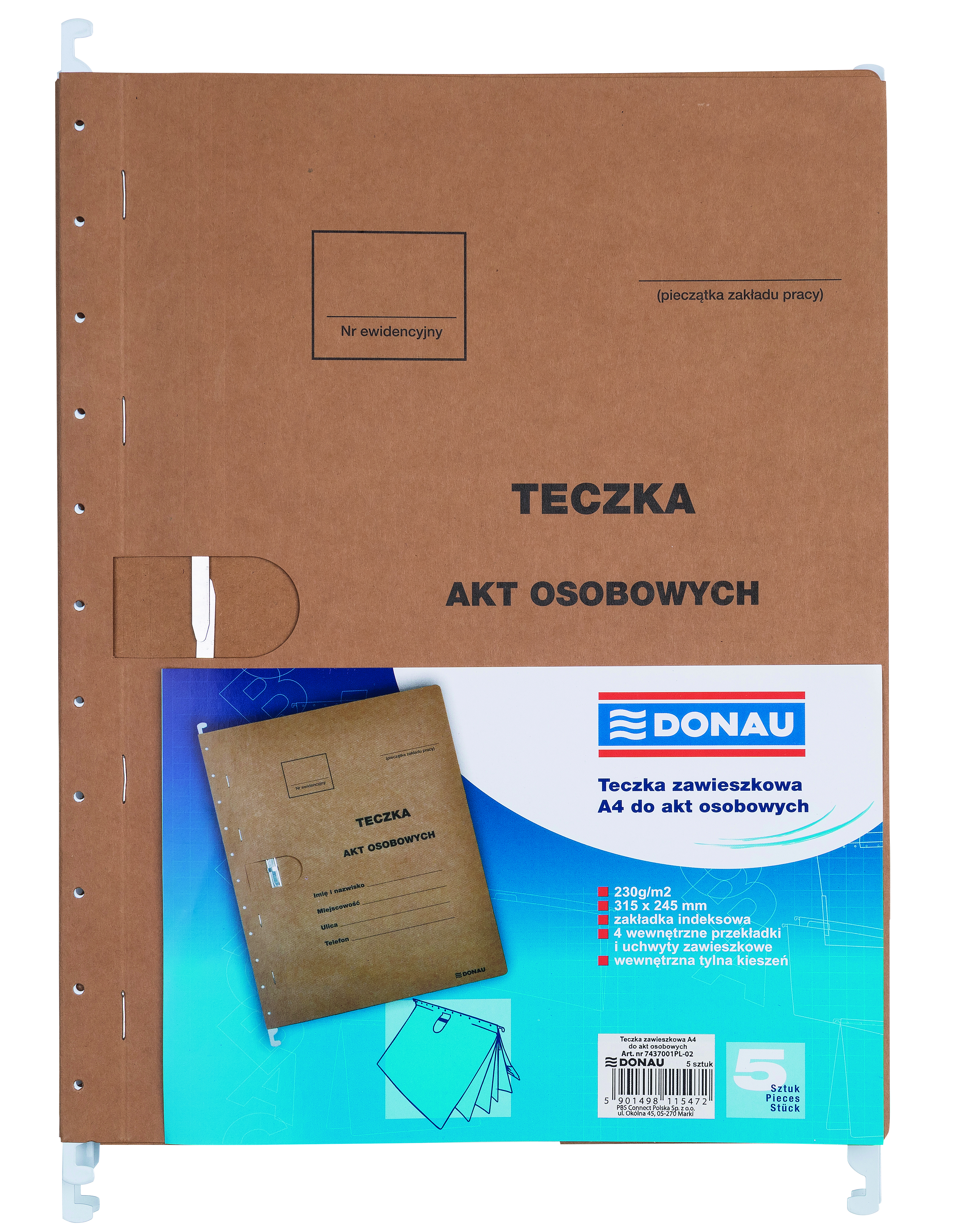 Teczka zawieszkowa DONAU na akta osobowe, wersja od 2023r., karton, A4, 230gsm, brązowa