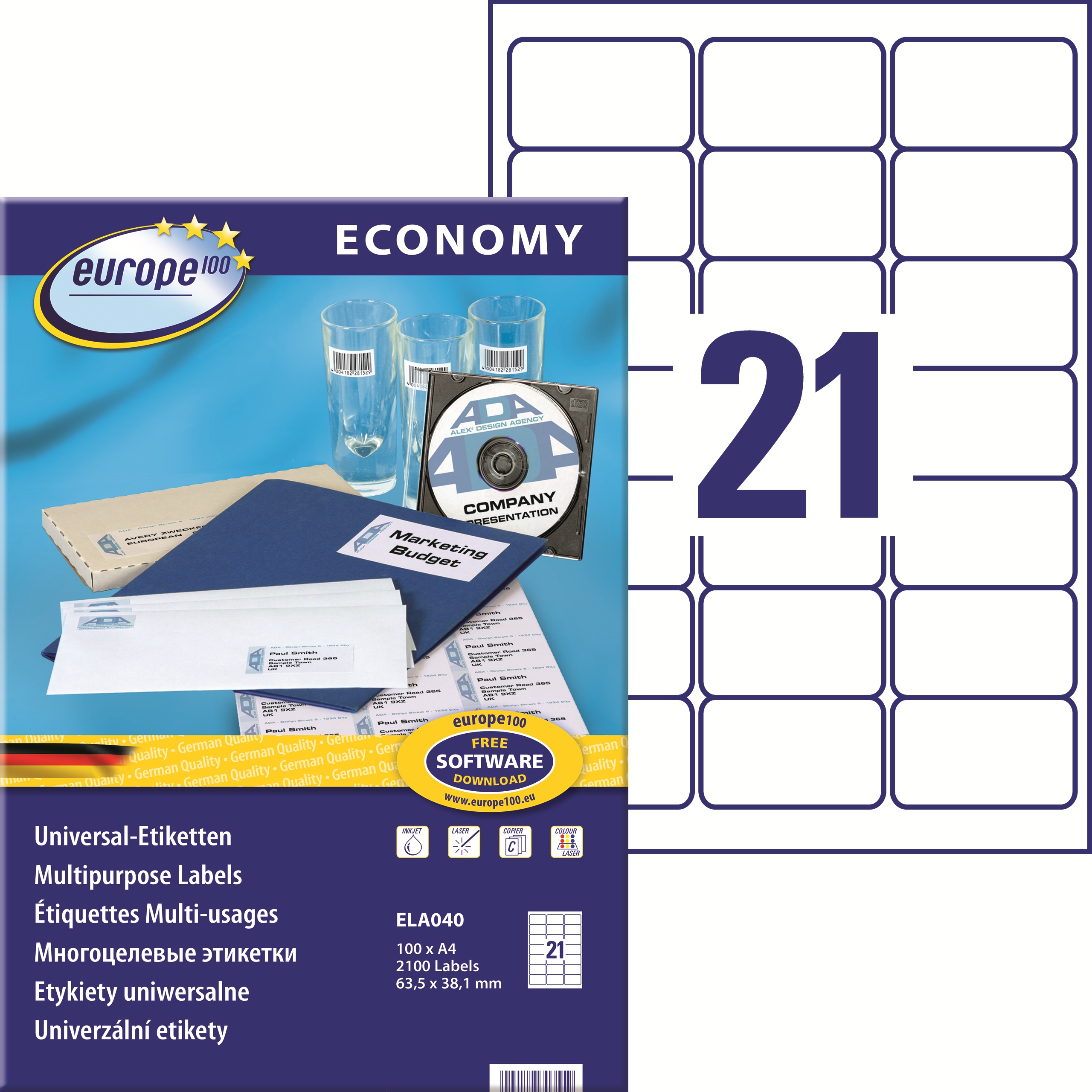 Etykiety A4 63,5x38,1 mm mm uniwersalne economy europe100 by Avery Zweckform; A4, 100 ark.